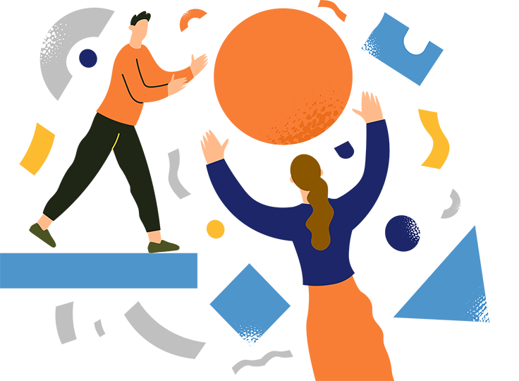 Keep it in-house or call the agency? Drawing people playing with a ball and other graphic elements.