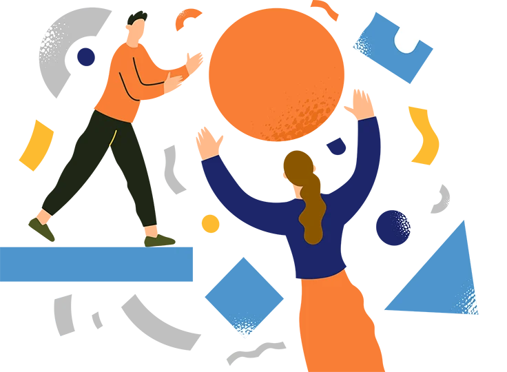 Keep it in-house or call the agency? Drawing people playing with a ball and other graphic elements.