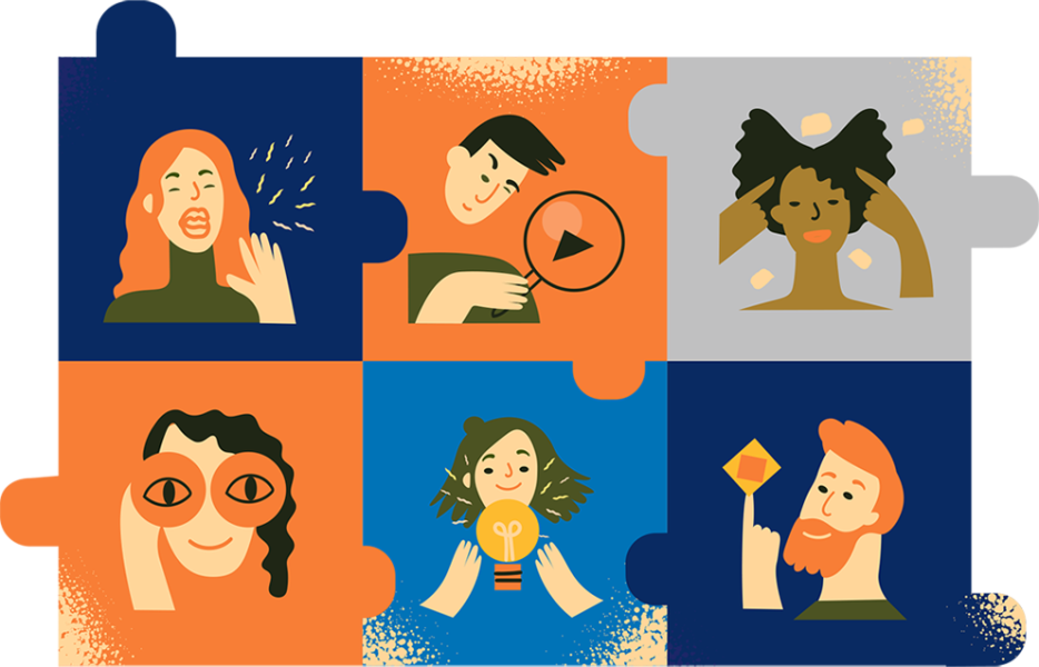 Keep it in-house or call the agency? Drawing of people indicating ideas, having insight.