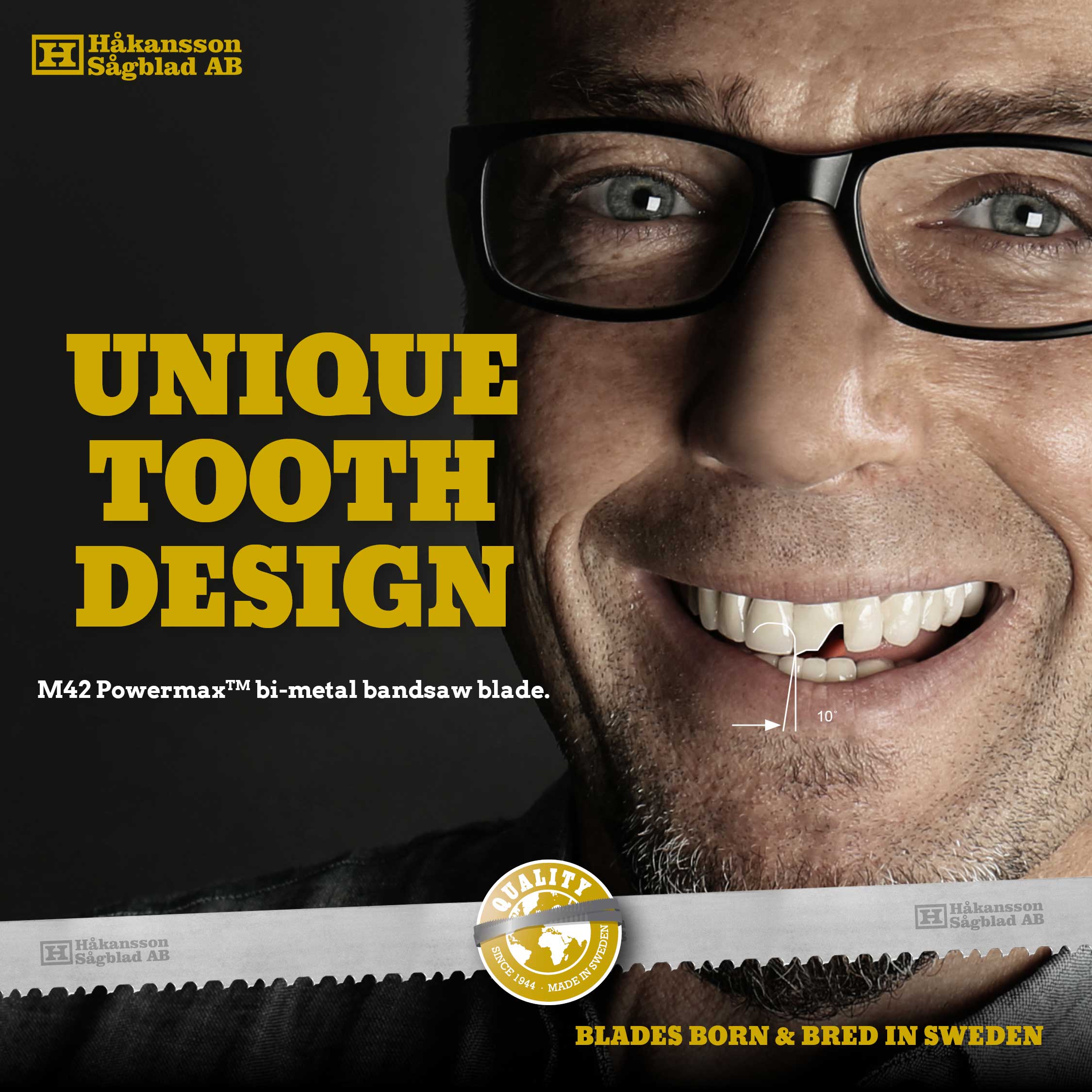 Dark-Grey-World-You-got-Us-Powermax-Unique-Tooth-Design Advert UNIQUE TOOTH DESIGN, person smiling with corner missing of one tooth