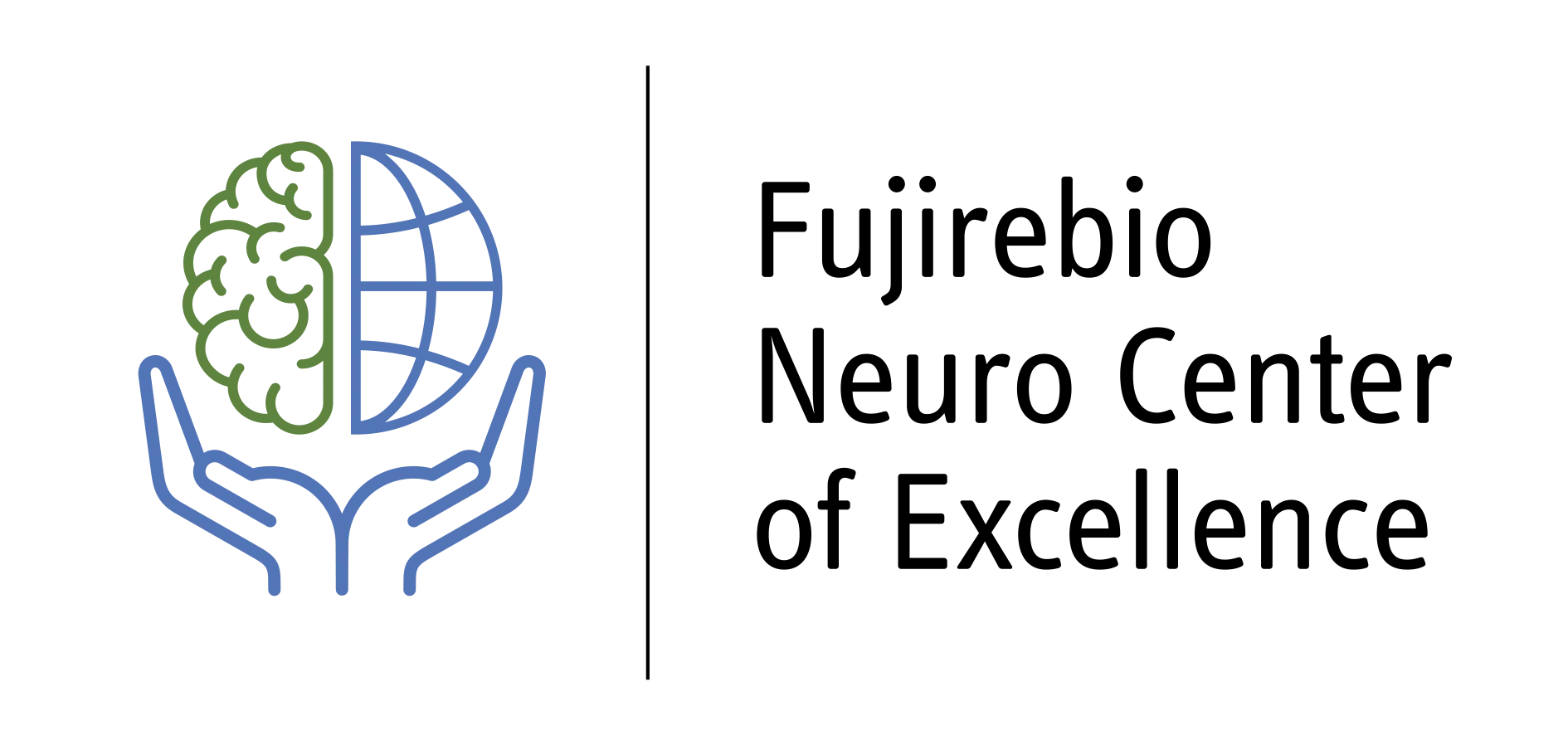 Final Brand image Fujirebio Neuro Center of Excellence. Final Brand image Fujirebio Neuro Center of Excellence. Hands holding a sphere, half brain, half globe.